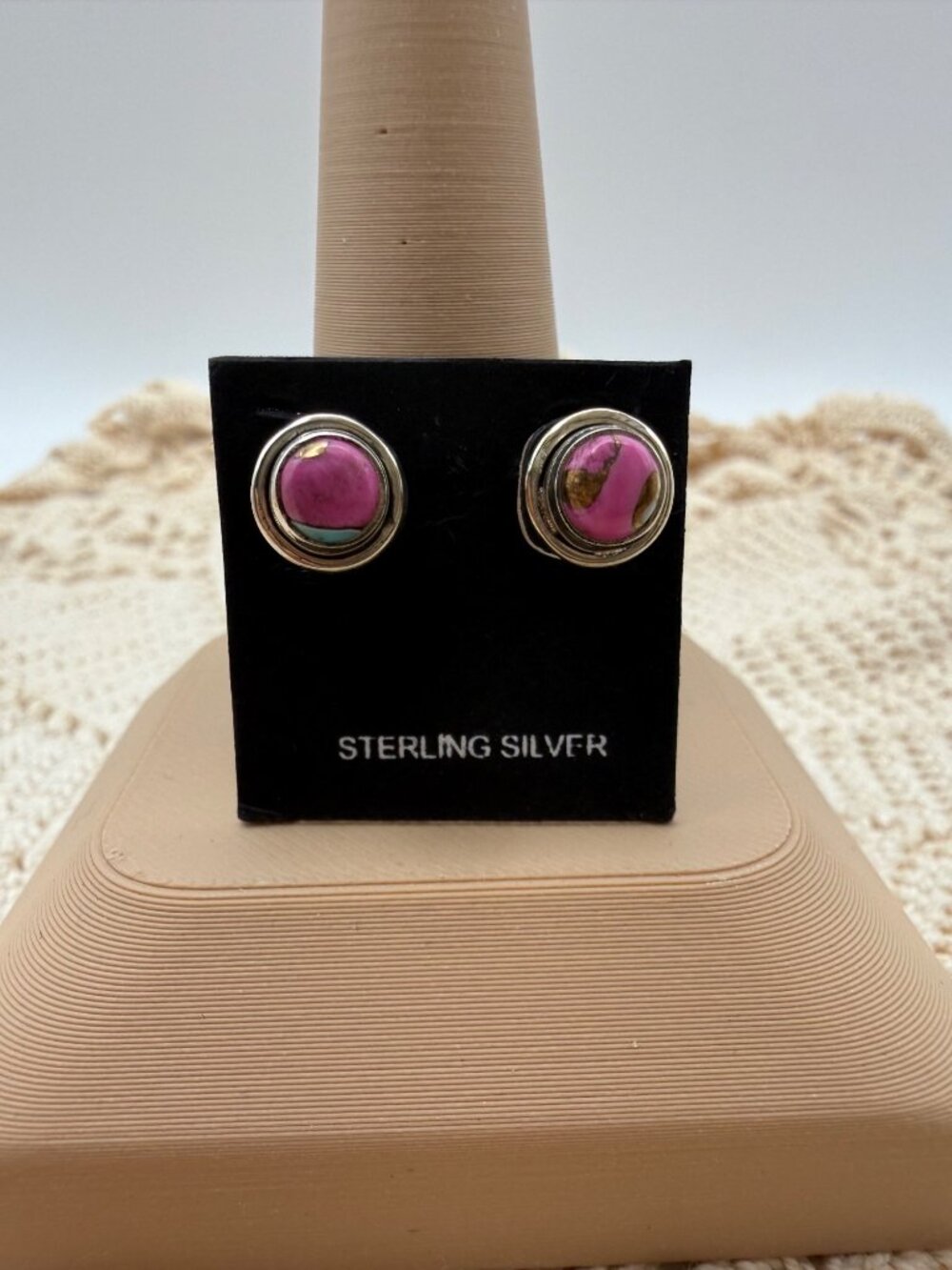Artisan Cotton Candy Sterling Silver Pink Stud Earrings Round Minimalist Dainty